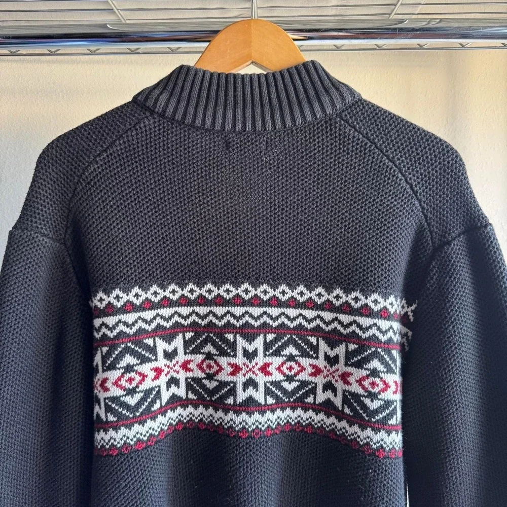 Izod Mens Fair Isle Knit Quarter Zip Sweater Black Nordic Pattern XXL fits XL